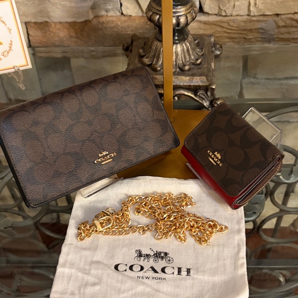 Coach Signature Brown Wallet Set with Gold Chain - Picture 1 of 11